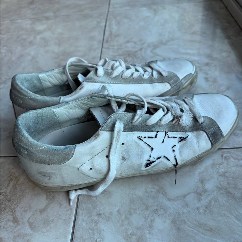 Golden Goose White Leather Sneakers with Gray Suede Accents